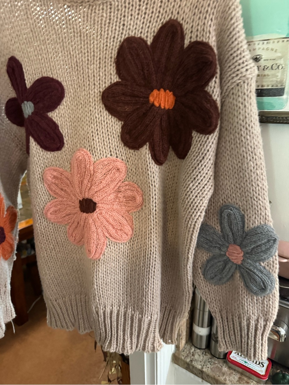 Katydid Cream Crewneck Sweater with Multicolor Floral Yarn Appliqués - Picture 3 of 8